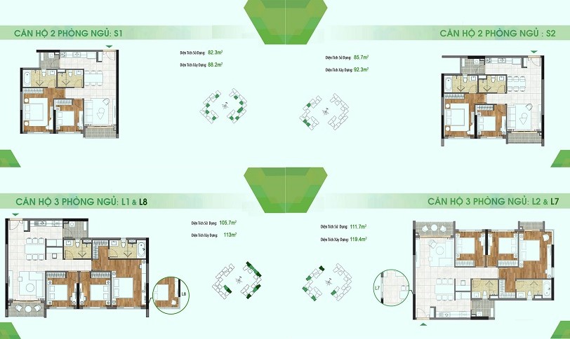 thiết kế căn hộ 2pn, 3pn sadora