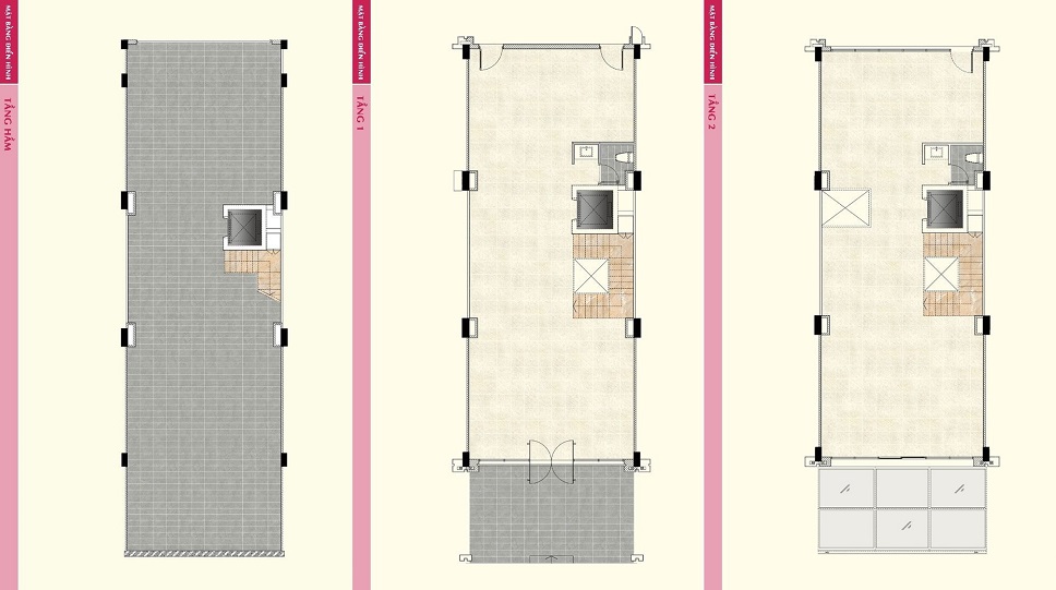 layout mặt sàn tầng hầm đến tầng 2 shophouse nguyễn cơ thạch